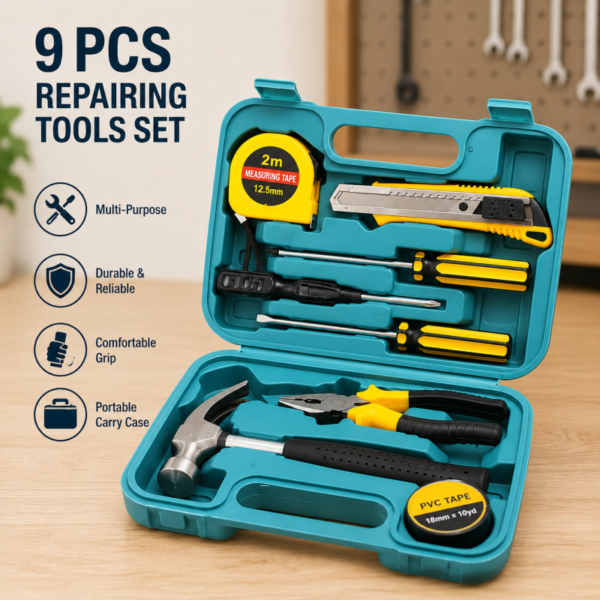 9 PCS Advanced Tool Set with Storage Box YL 8009A Model Durable Home Repair DIY Toolkit Organized Plastic Storage Box