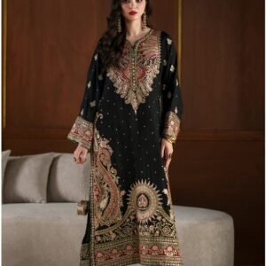 Embroidered Silk Kaftan 2-Piece Unstitched Suit for Women - flat lay with embroidered pieces