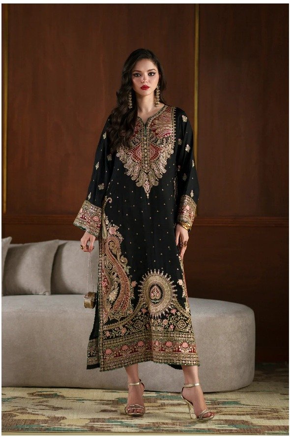Embroidered Silk Kaftan 2-Piece Unstitched Suit for Women - flat lay with embroidered pieces Embroidered Silk Kaftan 2-Piece Unstitched Suit for Women - flat lay with embroidered pieces