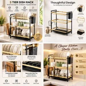 3 Tier Dish Drying Rack - Countertop Plate and Utensil Organizer with Drip Tray