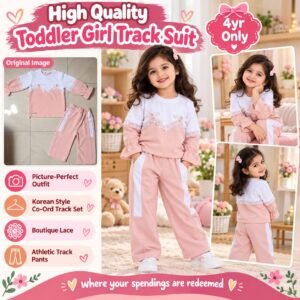 Toddler Girl Track Suit - Knitted Rib Suit with Flower Bunches, 4 Years