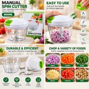 Manual Spin Cutter 900ML - Pull Chopper for Vegetables Fruits and Nuts