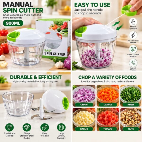 Manual Spin Cutter 900ML - Pull Chopper for Vegetables Fruits and Nuts