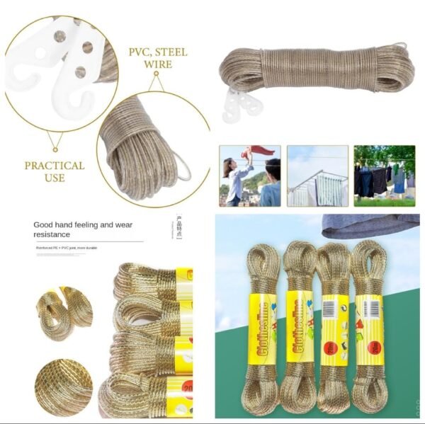 Steel Clothesline Rope 20 Metre - PVC Coated Laundry Drying Line with Hooks
