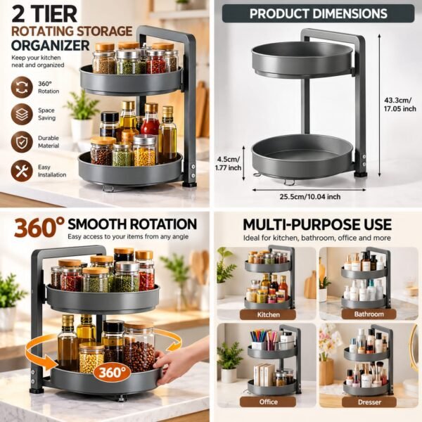 2 Tier Rotating Metal Organizer - Space Saving Turntable Storage Rack