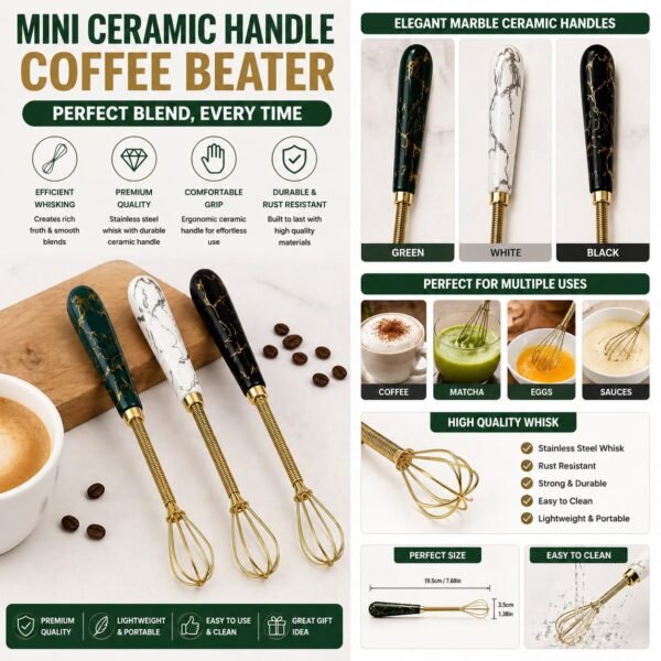 Mini Coffee Beater with Marble Ceramic Handle - Gold Whisk Hand Frother
