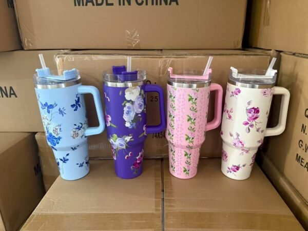 Flower Print Vacuum Tumbler 1200ML - Stainless Steel Travel Mug with Handle and Straw