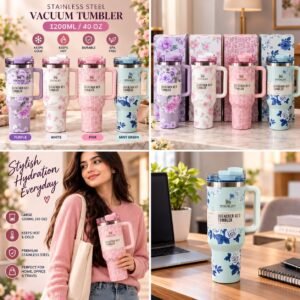 1200ML Stainless Steel Vacuum Tumbler with Handle - Floral Design Travel Mug 40 OZ