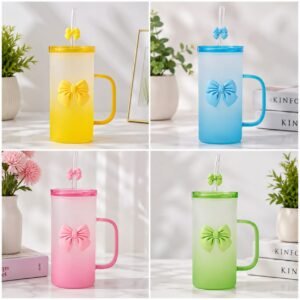 Two Tone Bow Glass Sipper with Handle - Frosted Drinking Mug with Straw