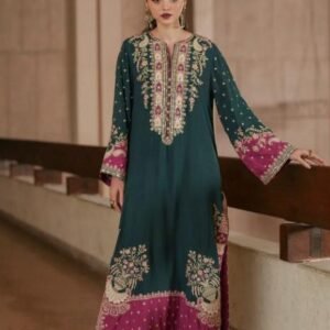 Embroidered Silk Kaftan 2-Piece Unstitched Suit for Women - model front view