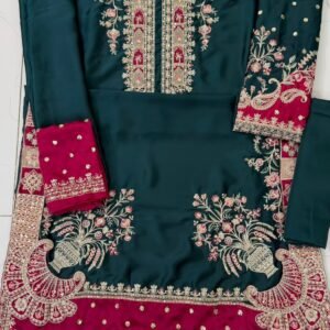 Embroidered Silk Kaftan 2-Piece Unstitched Suit for Women - flat lay full set