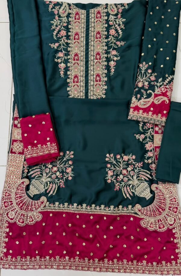 Embroidered Silk Kaftan 2-Piece Unstitched Suit for Women - flat lay full set