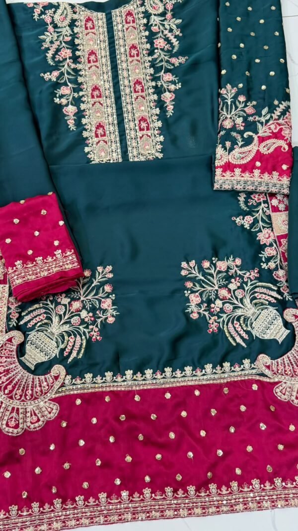 Embroidered Silk Kaftan 2-Piece Unstitched Suit for Women - fabric and embroidery close-up