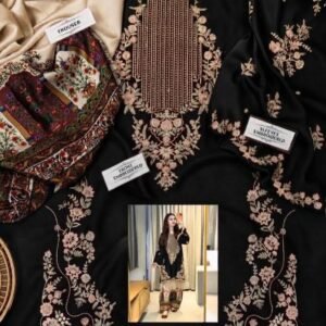 Embroidered Silk 2-Piece Unstitched Suit for Women with Digital Printed Trouser - Black - flat lay