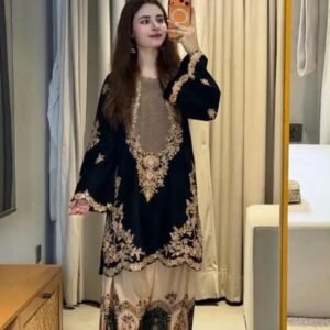 Embroidered Silk 2-Piece Unstitched Suit for Women with Digital Printed Trouser - Black - model view