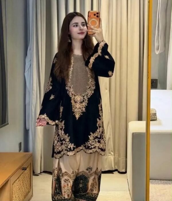 Embroidered Silk 2-Piece Unstitched Suit for Women with Digital Printed Trouser - Black - model view