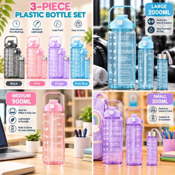 Motivational Water Bottle Set of 3 - 2000ML 900ML and 300ML Sports Bottles Motivational Water Bottle Set of 3 - 2000ML 900ML and 300ML Sports Bottles
