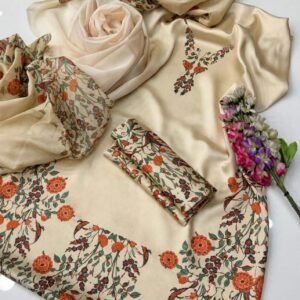 Digital Printed Silk 3-Piece Unstitched Suit for Women - print and fabric close-up