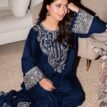 Embroidered Silk 2-Piece Unstitched Suit for Women with Embroidered Trouser - Navy Blue - model view