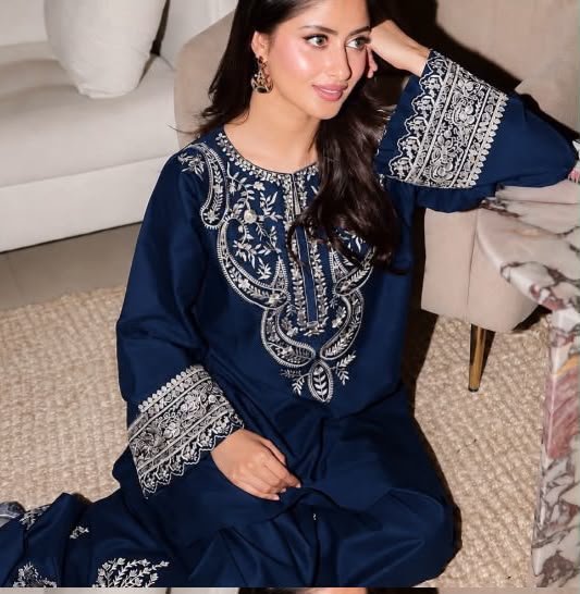Embroidered Silk 2-Piece Unstitched Suit for Women with Embroidered Trouser - Navy Blue - model view Embroidered Silk 2-Piece Unstitched Suit for Women with Embroidered Trouser - Navy Blue - model view