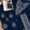 Embroidered Silk 2-Piece Unstitched Suit for Women with Embroidered Trouser - Navy Blue - flat lay