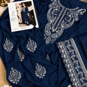 Embroidered Silk 2-Piece Unstitched Suit for Women with Embroidered Trouser - Navy Blue - flat lay