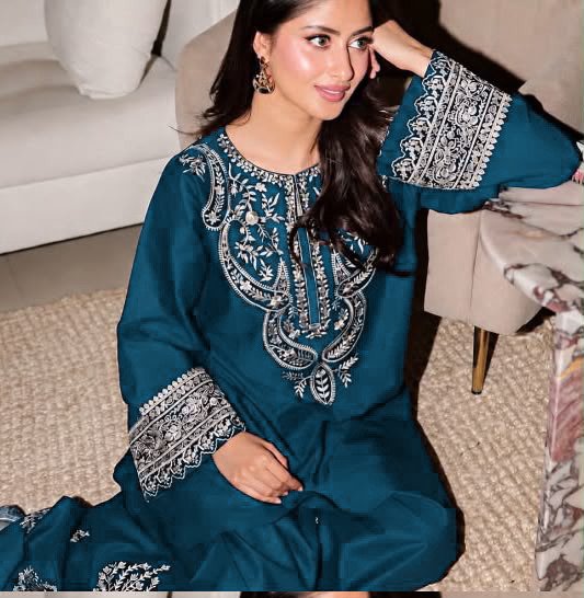 Embroidered Silk 2-Piece Unstitched Suit for Women with Embroidered Trouser - Zinc Teal - model view Embroidered Silk 2-Piece Unstitched Suit for Women with Embroidered Trouser - Zinc Teal - model view