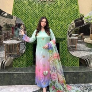 Adda Work Embroidered Tie and Dye 3-Piece Unstitched Suit for Women - model view