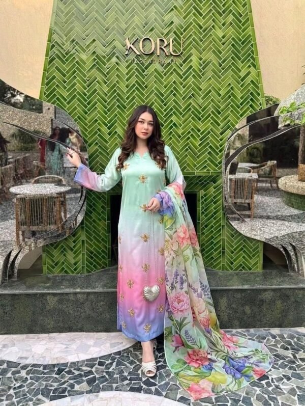 Adda Work Embroidered Tie and Dye 3-Piece Unstitched Suit for Women - model view