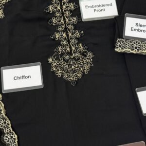 Embroidered Chiffon 3-Piece Unstitched Suit for Women with Malai Trouser and Inner - Black - embroidery close-up