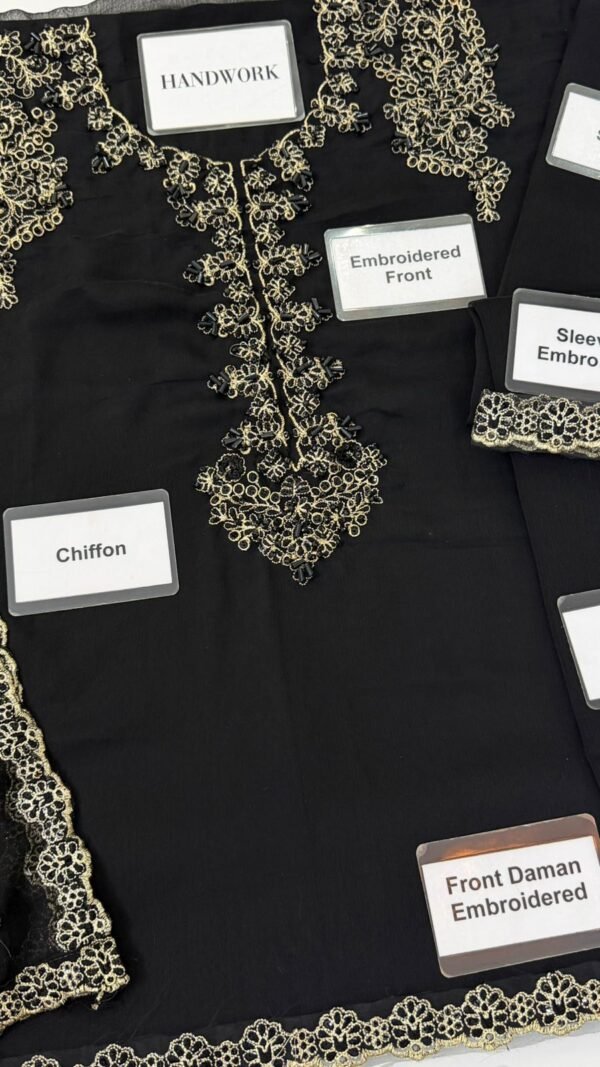 Embroidered Chiffon 3-Piece Unstitched Suit for Women with Malai Trouser and Inner - Black - embroidery close-up