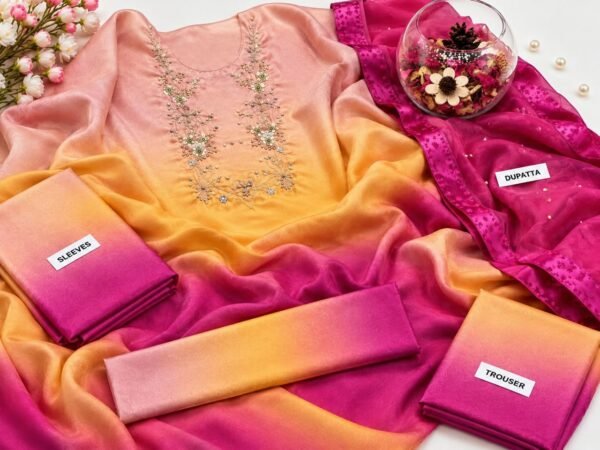 Adda Work Embroidered Tie and Dye 3-Piece Unstitched Suit for Women - model view