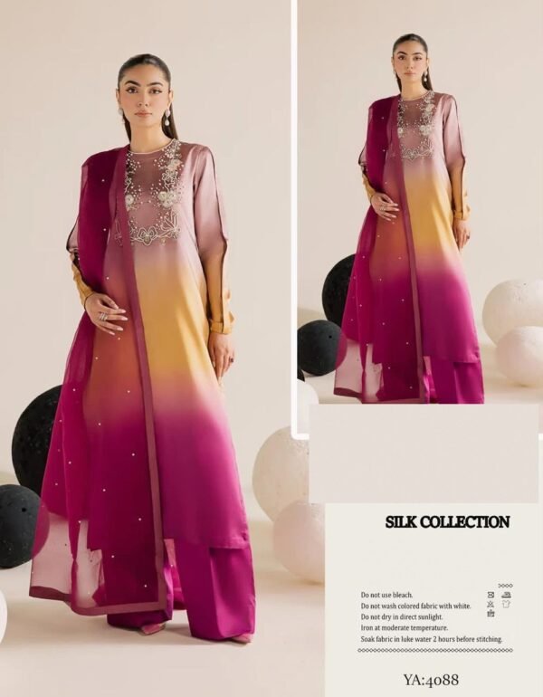 Adda Work Embroidered Tie and Dye 3-Piece Unstitched Suit for Women - design card and fabric view