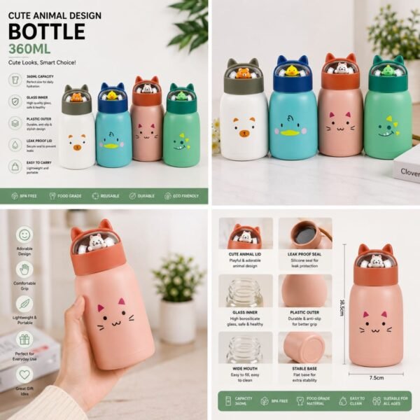 360ML Animal Design Bottle with Glass Inner - Leak Proof Kids Water Bottle