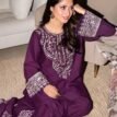 Embroidered Silk 2-Piece Unstitched Suit for Women with Embroidered Trouser - Purple - model view