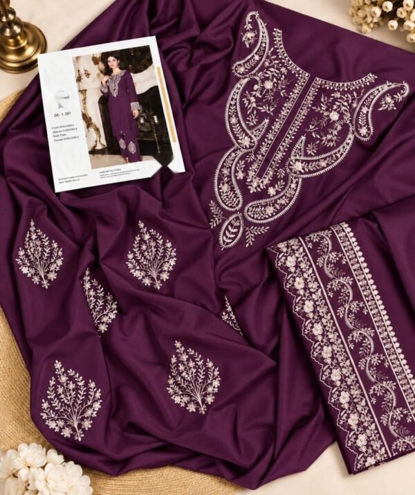 Embroidered Silk 2-Piece Unstitched Suit for Women with Embroidered Trouser - Purple - flat lay Embroidered Silk 2-Piece Unstitched Suit for Women with Embroidered Trouser - Purple - flat lay
