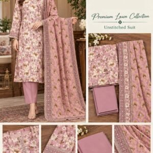 Printed Premium Lawn 3-Piece Unstitched Suit for Women - Design 1 - Pink Floral