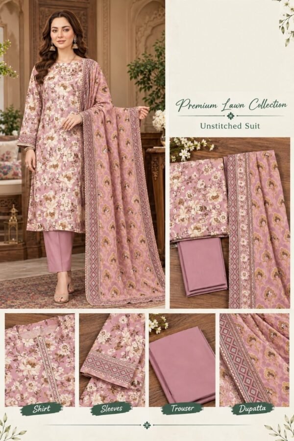 Printed Premium Lawn 3-Piece Unstitched Suit for Women - Design 1 - Pink Floral Printed Premium Lawn 3-Piece Unstitched Suit for Women - Design 1 - Pink Floral