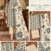 Printed Premium Lawn 3-Piece Unstitched Suit for Women - Design 2 - Cream Teal Geometric