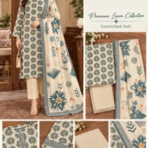 Printed Premium Lawn 3-Piece Unstitched Suit for Women - Design 2 - Cream Teal Geometric