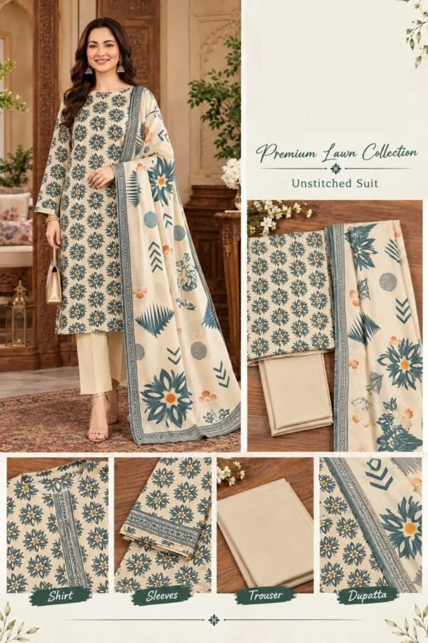 Printed Premium Lawn 3-Piece Unstitched Suit for Women - Design 2 - Cream Teal Geometric Printed Premium Lawn 3-Piece Unstitched Suit for Women - Design 2 - Cream Teal Geometric