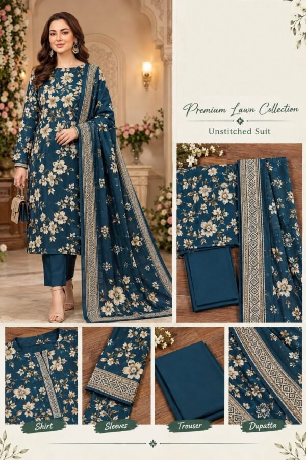 Printed Premium Lawn 3-Piece Unstitched Suit for Women - Design 3 - Teal Blue Floral Printed Premium Lawn 3-Piece Unstitched Suit for Women - Design 3 - Teal Blue Floral