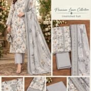 Printed Premium Lawn 3-Piece Unstitched Suit for Women - Design 6 - Grey Floral