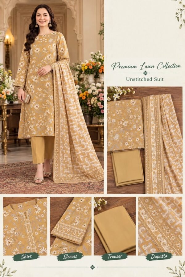 Printed Premium Lawn 3-Piece Unstitched Suit for Women - Design 7 - Mustard Printed Premium Lawn 3-Piece Unstitched Suit for Women - Design 7 - Mustard