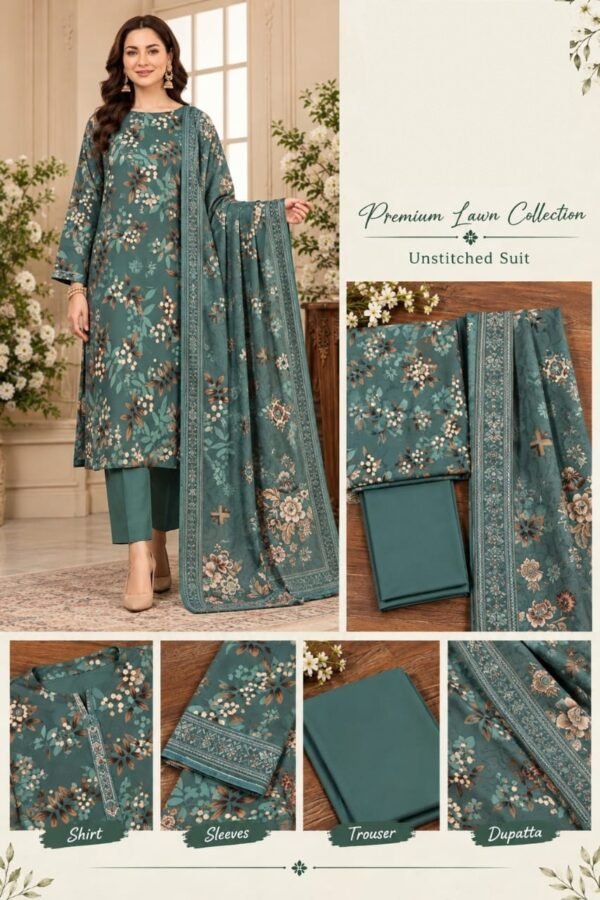 Printed Premium Lawn 3-Piece Unstitched Suit for Women - Design 8 - Sea Green Printed Premium Lawn 3-Piece Unstitched Suit for Women - Design 8 - Sea Green