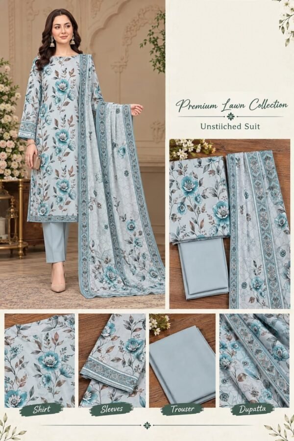 Printed Premium Lawn 3-Piece Unstitched Suit for Women - Design 10 - Sky Blue Floral Printed Premium Lawn 3-Piece Unstitched Suit for Women - Design 10 - Sky Blue Floral
