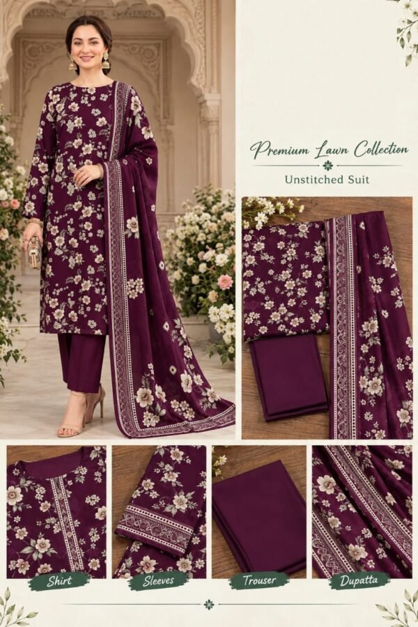 Printed Premium Lawn 3-Piece Unstitched Suit for Women - Design 4 - Purple Floral Printed Premium Lawn 3-Piece Unstitched Suit for Women - Design 4 - Purple Floral