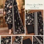 Printed Premium Lawn 3-Piece Unstitched Suit for Women - Design 5 - Black Floral