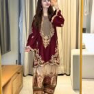Embroidered Silk 2-Piece Unstitched Suit for Women with Digital Printed Trouser - Maroon - flat lay