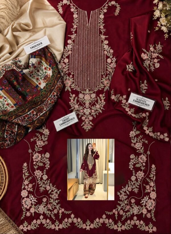 Embroidered Silk 2-Piece Unstitched Suit for Women with Digital Printed Trouser - Maroon - fabric close-up